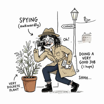 Awkward spy taking photo behind plant on street corner.