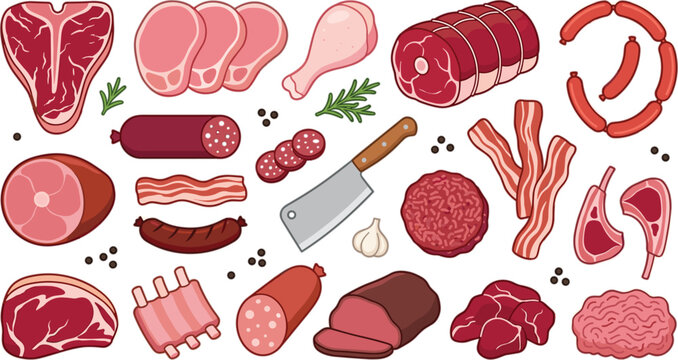 Raw meat vector set featuring butcher cuts steak ham bacon sausage chicken drumstick and cleaver knife for grocery menu design