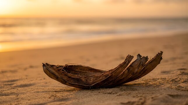 Dried palm bark on sandy beach during golden hour sunset for summer