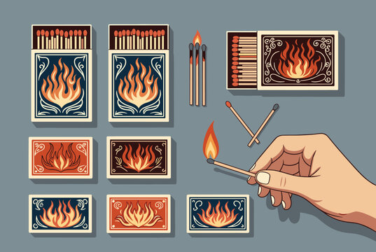 Vintage matchboxes with flame designs loose matchsticks and hand holding lit match vector illustration collection.