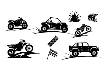 Off road vehicle silhouette collection atvs dirt bikes jeeps and racing elements in black © NusratJahan