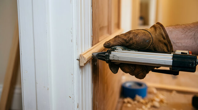 installing door stop molding with nail gun | carpenter using pneumatic brad nailer | DIY home interior door trim installation | professional door frame finishing work