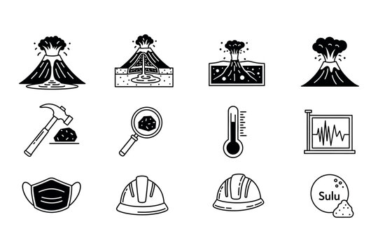 Volcanic eruption and safety equipment silhouette icons a collection of black and white illustrations
