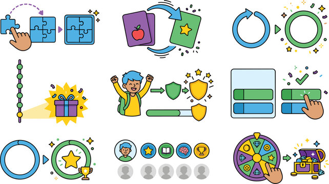 Gamification and User Engagement Icon Set with Rewards Progress Achievement Challenges Loyalty Programs and Interactive Experience Symbols