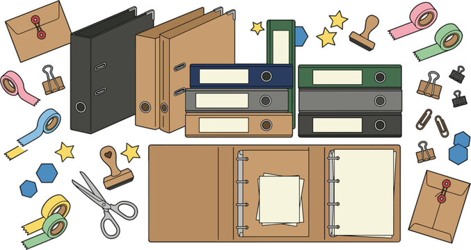 Office binder and stationery vector set with ring folders notebooks tape scissors envelopes and corporate organization design elements