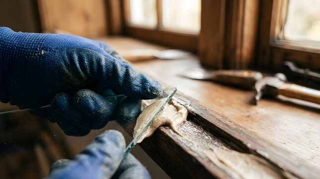 restoring old wooden window frames with putty | gloved hand installing glass pane into sash | DIY window glazing repair process | home maintenance and sash restoration