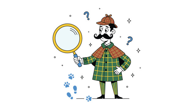 Smart professional detective wearing a classic plaid coat and hat searching for clues on the ground with a large magnifying glass.
