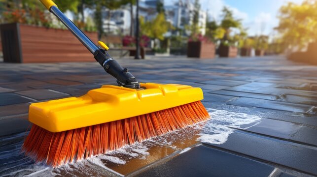 Bright Yellow Broom on Courtyard Floor with Sweeping Motion