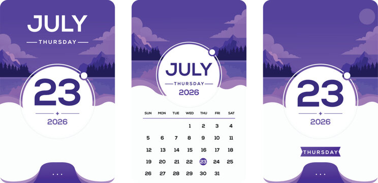 July 23 2026 Thursday Purple Mountain Calendar Layout Aesthetic Planner Date Card Mobile Wallpaper Printable Vector Reminder Story Social Media Design Editable Modern Scenic Lake Nature Sky