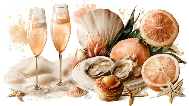 A collection of hand-painted, summer-themed beach brunch watercolor images featuring champagne flutes with mimosas, fresh oysters, tropical fruits, baked goods, beach sand, shells and starfish, and de