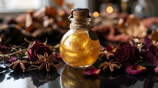 Magical Gold Shimmer Potion in Round Glass Bottle with Cork Stopper and Dried Roses