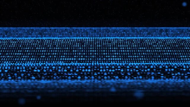 Digital blue binary code data stream on dark background