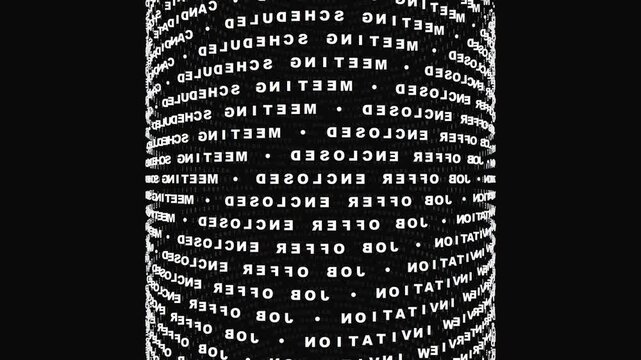 Job recruitment status text list scrolling on a cylindrical warp with interview invitations and hiring alerts on black background.