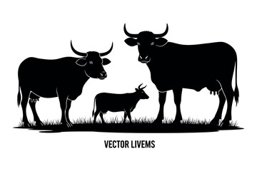 Silhouette of a bull cow and calf grazing in a field vector illustration © NusratJahan