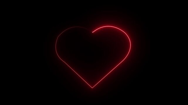 Glowing neon red heart with love icon animation on  black background. 4k video ....