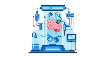 Fototapeta premium Futuristic Brain Technology Illustration: AI, Neuroscience, and Digital Mind Concept with Neural Research Lab Equipment