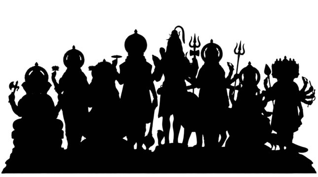 Silhouette group of cartoon people holding money icons isolated on transparent background, Vector