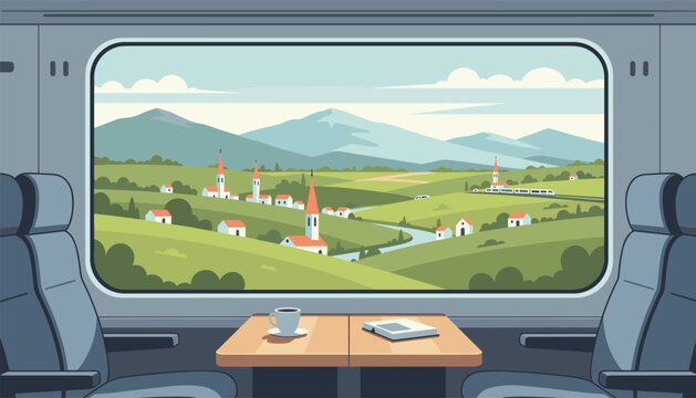 Beautiful countryside landscape of green hills and houses viewed through a passenger train window with coffee on a table.