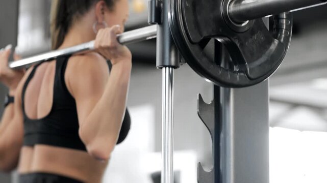 Athletic woman performing squat exercise on Smith machine in modern gym. Strength training workout focused on lower body development, fitness and healthy lifestyle.