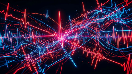 Digital heartbeat monitor lines with glowing pulses and data spikes isolated on transparent background
