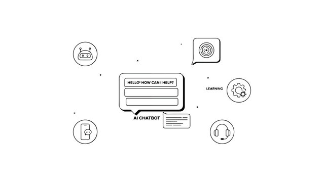 Ai chatbot concept with communication interface robot head target learning gear and headset icons representing interactive and intelligent customer service and support systems for modern businesses.