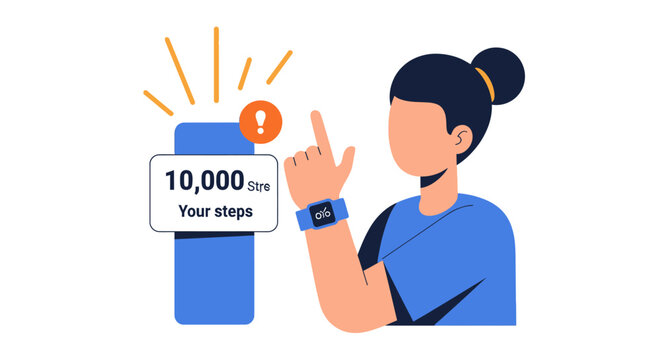 Woman achieving 10,000 steps daily goal on smartwatch illustration. Fitness tracking and healthy lifestyle concept vector.