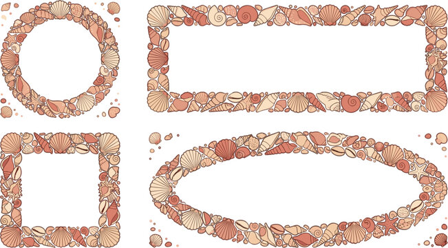 Seashell frame vector set featuring coastal beach borders in circle square rectangle and oval shapes for nautical summer design