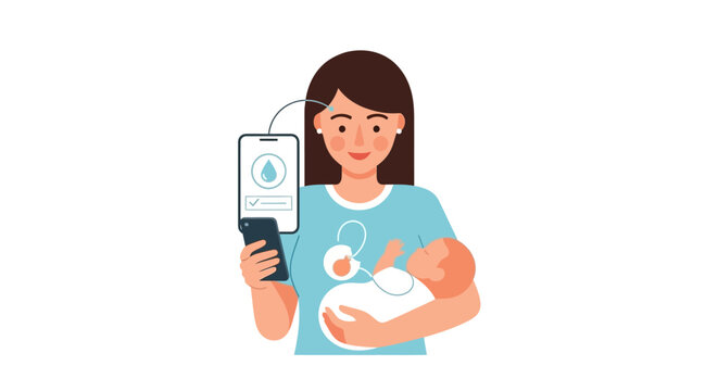 Mother Using Smart Mobile App to Track Breastfeeding and Baby Health while Holding Infant. Modern Parenting Technology and Digital Health Vector Illustration.