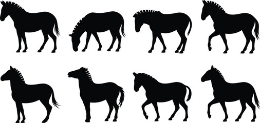 Set of black zebra silhouettes in different poses and walking positions © Milon Store