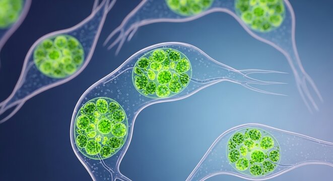 Green microscopic cells floating in blue fluid