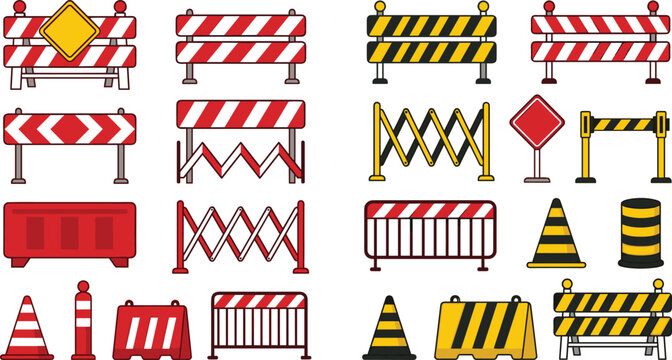 Road Construction Traffic Barrier Vector Icon Set Featuring Under Construction Safety Signs Cones Fences and Barricades Isolated on White Background