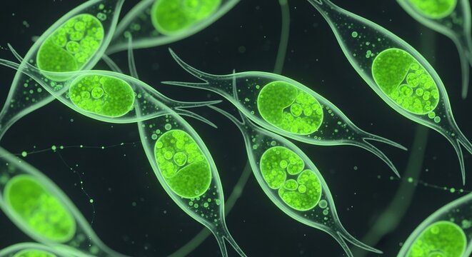 Green microorganisms swimming in a dark fluid environment