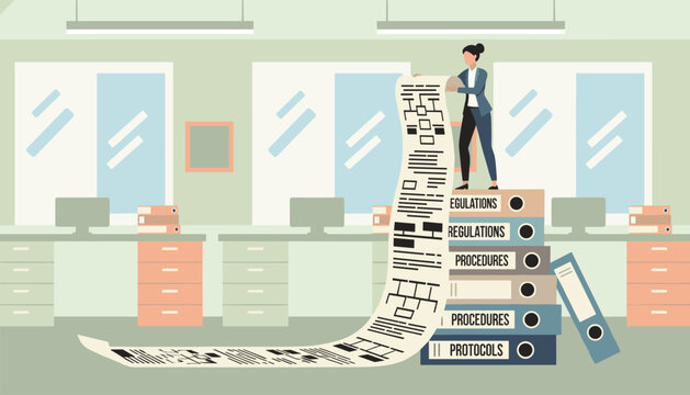 Businesswoman standing on top of high stack of folders while reading a very long scroll of rules, regulations, and procedure diagrams.