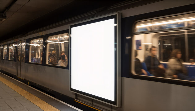 Vertical blank white advertising billboard mock up on a dark underground subway station platform wall next to a fast moving blurred train with commuting passengers