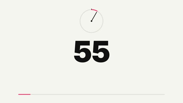 Clock timer sixty seconds with bold black font red circular arc and horizontal progress bar on white.