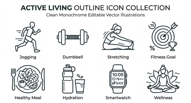 Wellness monitoring outline icon collection with fitness tracking symbols