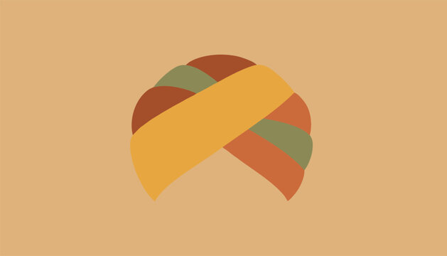Traditional indian sikh turban accessory illustrated in warm orange, brown, and green colors against a plain background.