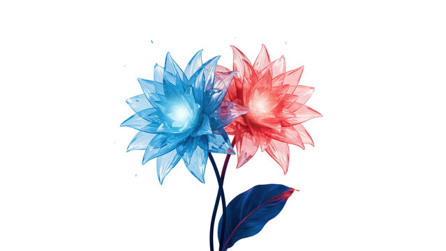 Two glowing crystalline flowers in blue and pink colors with translucent petals and dark green leaves isolated on a solid black background