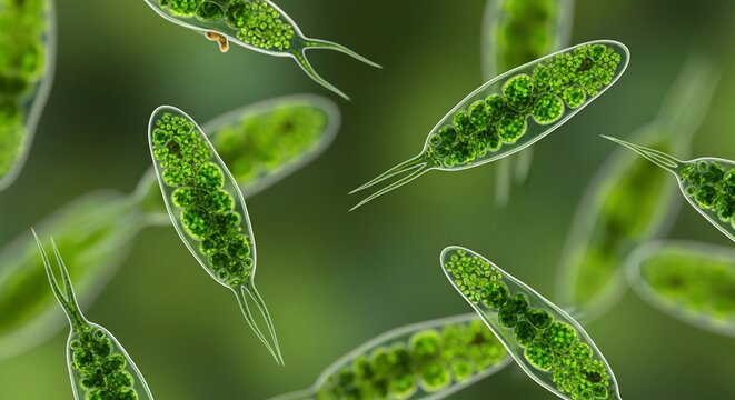 Green euglena microorganisms floating in a liquid environment