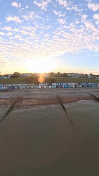 9:16 Vertical 4K Drone Aerial: Old Felixstowe Seafront and Shingle Beach at Sunset