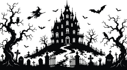 Halloween scene silhouette with castle bats and graveyard © Mahfuz Creatix
