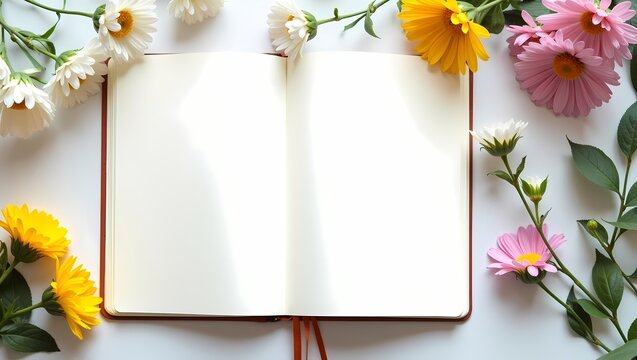 Minimalist open notebook mockup with fresh yellow marigold flower on bright background
