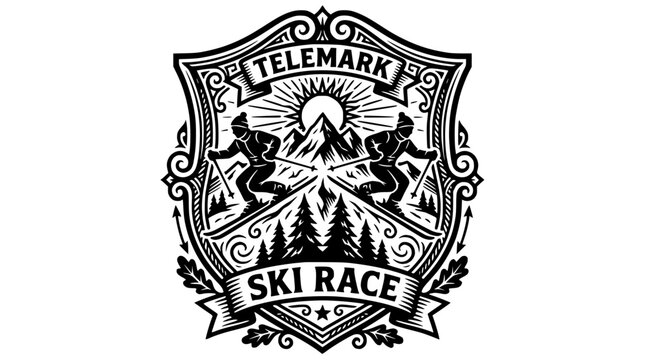 Detailed Telemark ski race badge with mountain landscape.