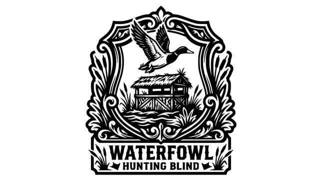 Detailed ornate waterfowl hunting blind emblem.
