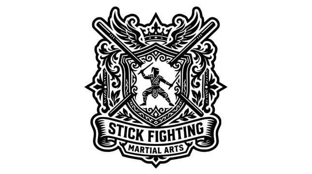 Stick fighting martial arts emblem with crossed combat weapons
