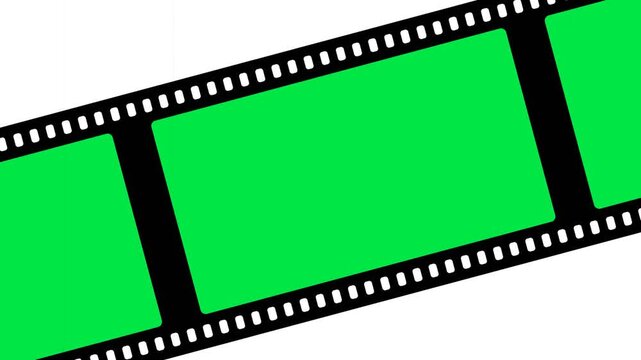 Film strip celluloid scrolling diagonally with sprocket holes and green screen frames for video editing overlay.