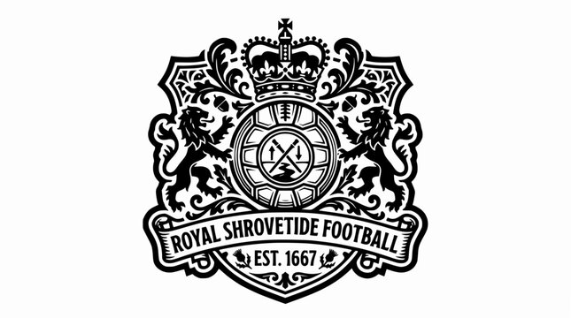 Royal Shrovetide Football heraldic crest with lions.