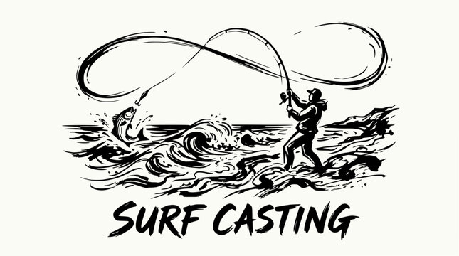 Fisherman casting line into surf ink drawing