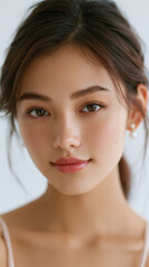Fototapeta premium frontal portrait of young chinese woman on white background, studio headshot of smiling chinese teenage girl isolated on white, natural beauty portrait of confident young asian female
