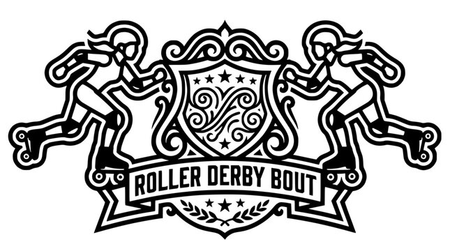 Heraldic roller derby bout crest with two skaters.